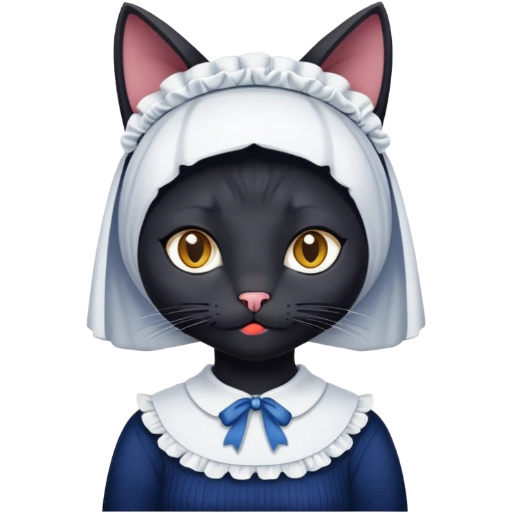 Чёрная кошка с селиной на голове в кофте горничной цвета emoji