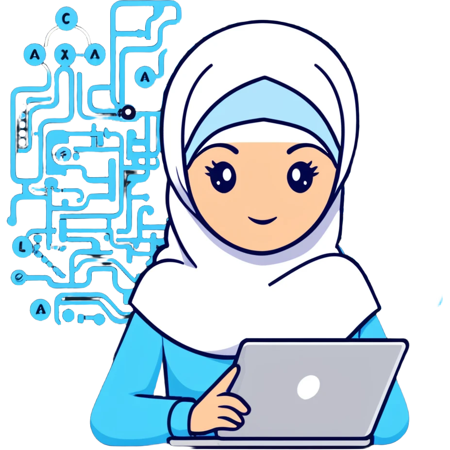 computer science woman with white hijab in blue outfit, with floating code elements, programming syntax, algorithms visualization, database schemas, software design patterns, command line interfaces, binary trees, and computational formulas surrounding her emoji