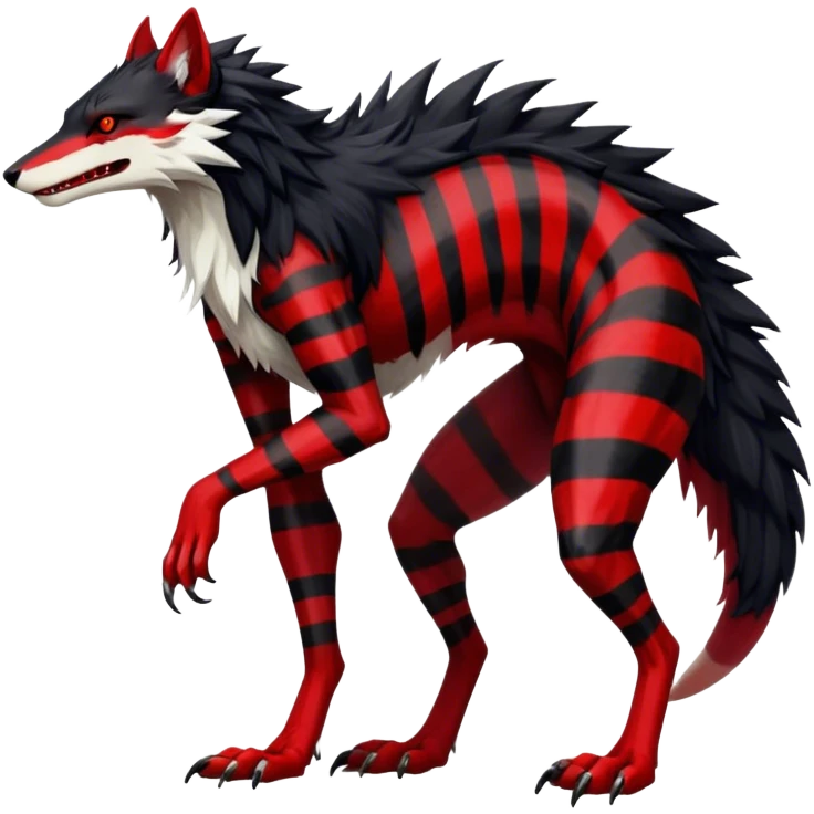 Cool Edgy Vernid-Sergal, Feral, Four Legs, Black fur, thin Red sharp stripes, Full body, LiLaiRa emoji