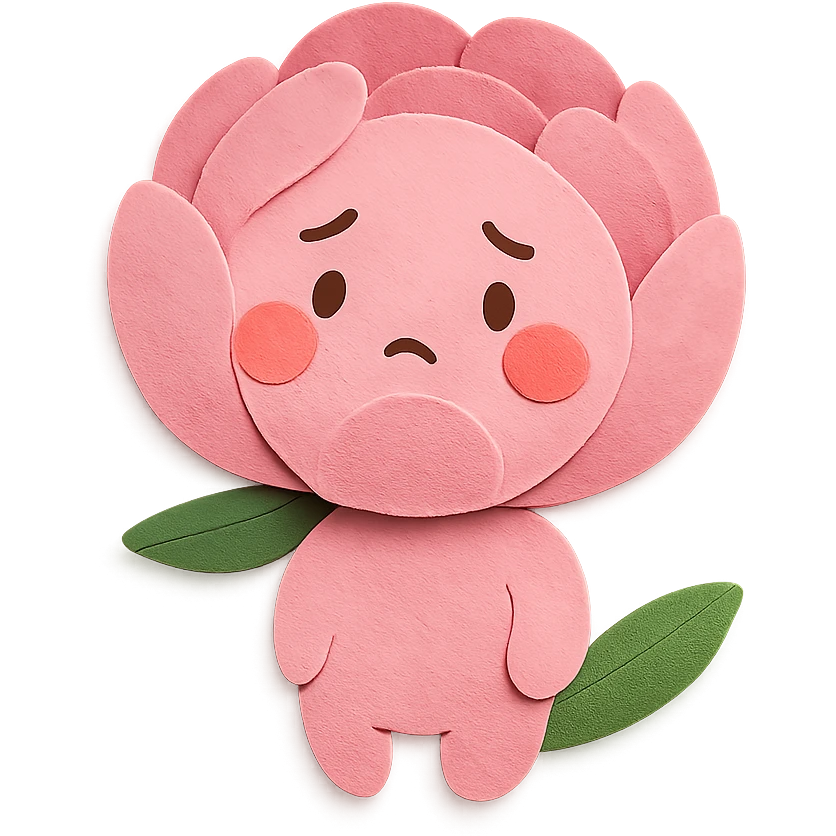 pink peony flower with a round plump body, blushing cheeks, nervous expression, soft cute style, soft pink tones, full body, paper craft style emoji