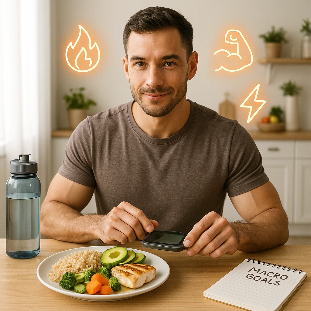 A fit man in his early 30s, sitting calmly at a clean wooden kitchen table, adjusting his meal portions with intention. On the plate: whole grain rice, avocado slices, grilled chicken, and olive oil drizzled vegetables — slightly more than a normal serving, symbolizing a small caloric surplus. He’s holding a digital food scale and smiling slightly, showing confidence. Around him float clean icons of metabolism, muscle growth, and energy. Background: bright morning light, minimalistic kitchen with fitness and wellness elements (e.g. a water bottle, notepad with 'macro goals', and healthy food on shelves). Style: semi-realistic, lifestyle photography look, warm tones, high detail emoji