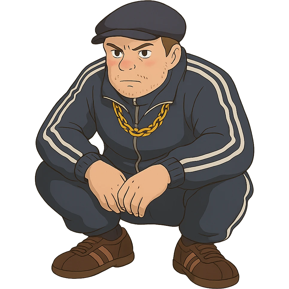 ghibli style Russian gangster squatting, wearing a tracksuit and gold chain emoji