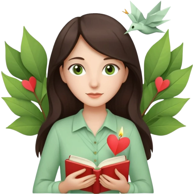 Gentle woman with fair skin, long dark brown hair, green eyes, light green blouse, holding a book to her chest. Surrounded by a heart, paper crane, leaves, and candle. Waist-up, front-facing emoji
