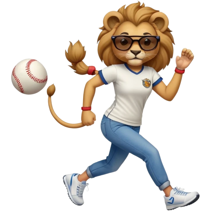 friendly anthropomorphised female lion wearing a baseball shirt, jeans, trainers, dark sunglasses, jogging upright, dominant confident expression emoji