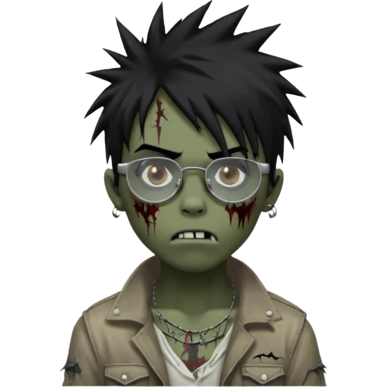 Boy, zombie, black hair, medium long, spiky hair, emo, shaggy, dark, spooky, creepy expression emoji, add transparent glasses, a risk on the eyebrow, some tattos emoji