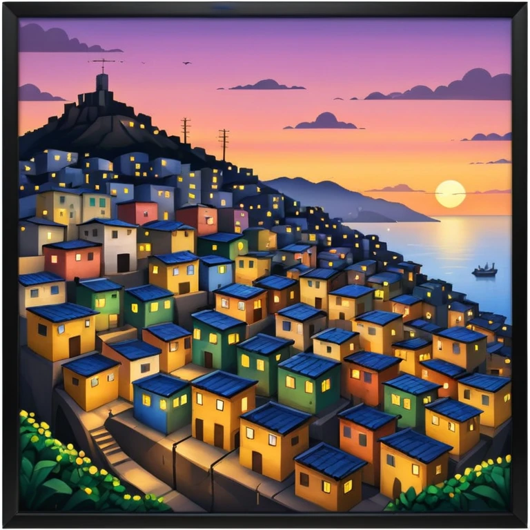 favela at sunset with city lights emoji