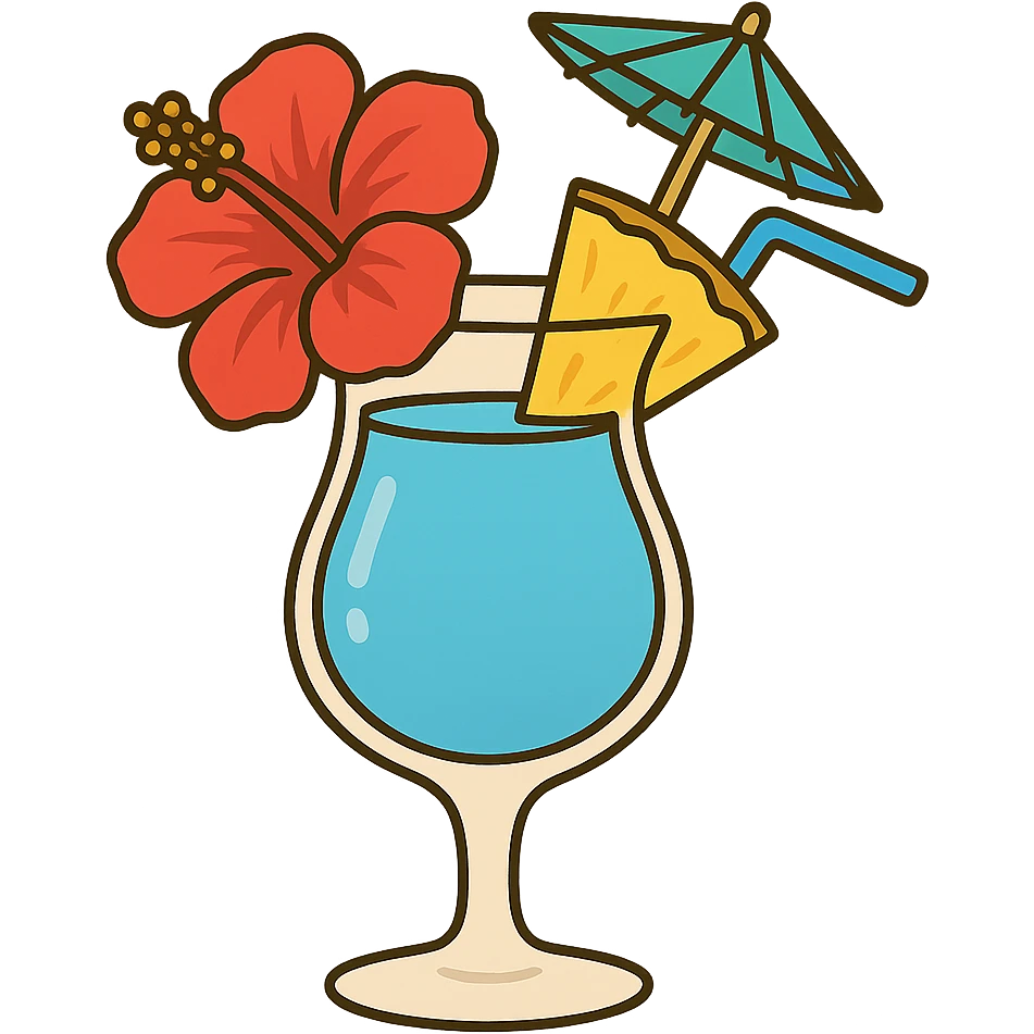 blue tropical cocktail with hibiscus, pineapple, and paper umbrella garnishes, flat toon style emoji
