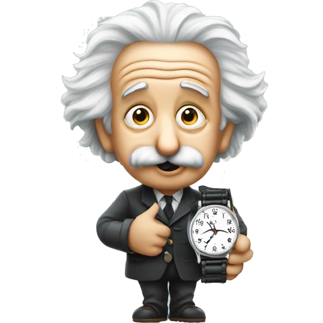 Albert Einstein holds a watch in his hands emoji