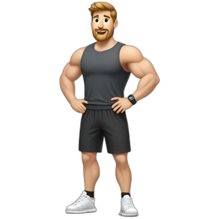 Full height Actively gesturing with hands Pale skinned Fit Man With the biceps and brown hair in dark gray Sleeveless Mike, black oversize sports shorts, watch and white Sneakers emoji