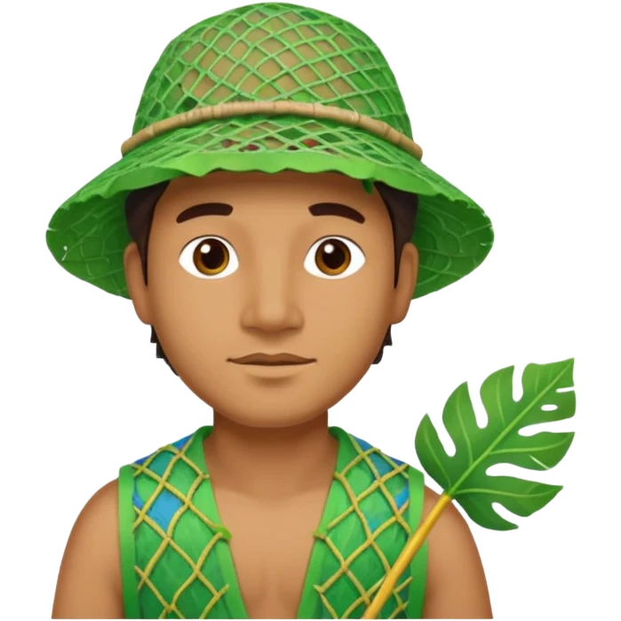 Hawaiian man with colorful cloth and leaf hat green and fishing net emoji