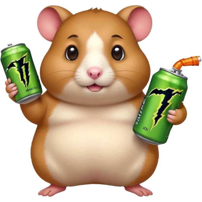 Funny cartoon-style fat hamster wide eyed holding a can of monster energy in one hand and redbull in the other hand emoji