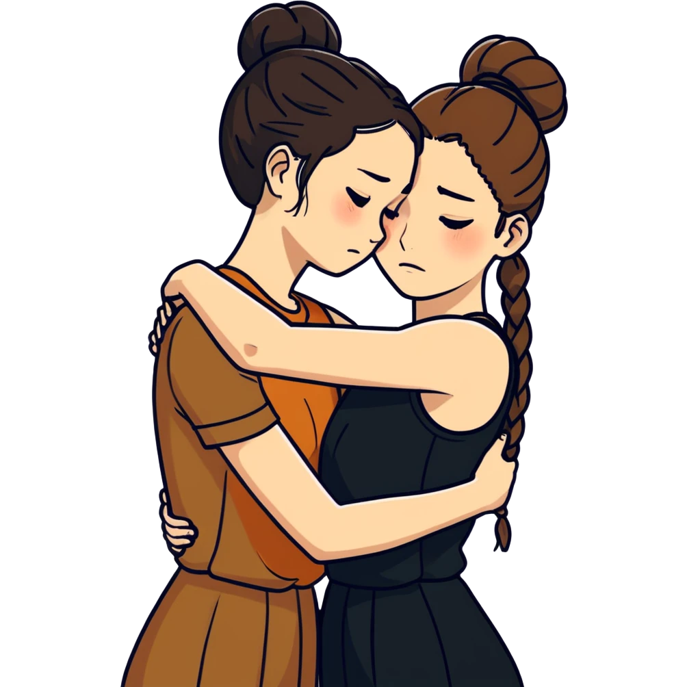 Comforting Hug two white skin women, one shorter woman with medium brown simple top ponytail, not braided, and one taller skinny sad face woman with a single long black side braid emoji
