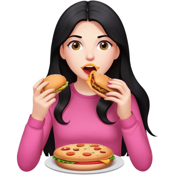 White girl in pink clothes and long black hair eating burger and pizza emoji
