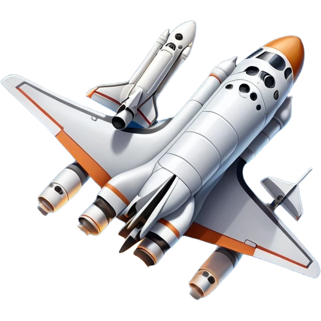 An icon featuring a space shuttle and an airplane against a starry sky, symbolizing aerospace technology. The design includes rocket boosters and satellite orbits, representing the exploration of space and advanced aviation. Transparent background emoji