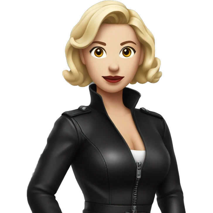 sacarlett johansson in black leather dress  pointing forward emoji