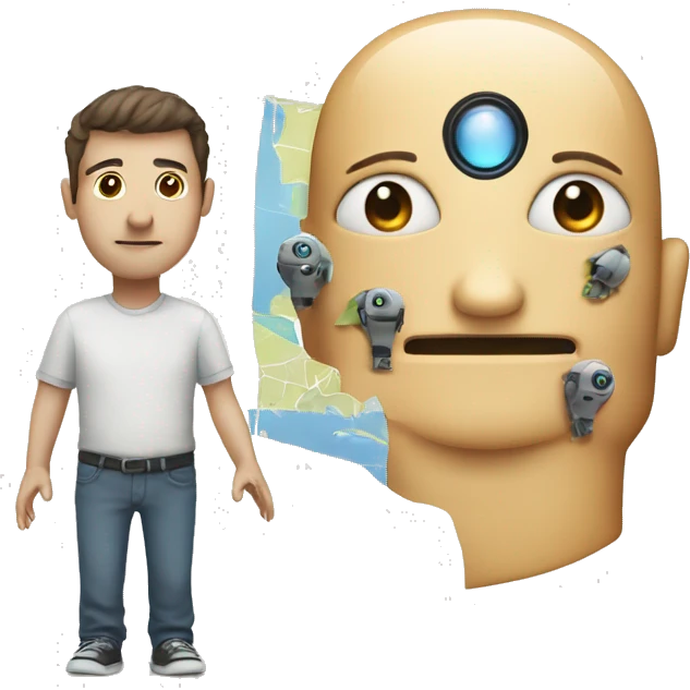 The half of part of face is a man, the other half is a robot. With map on hand emoji