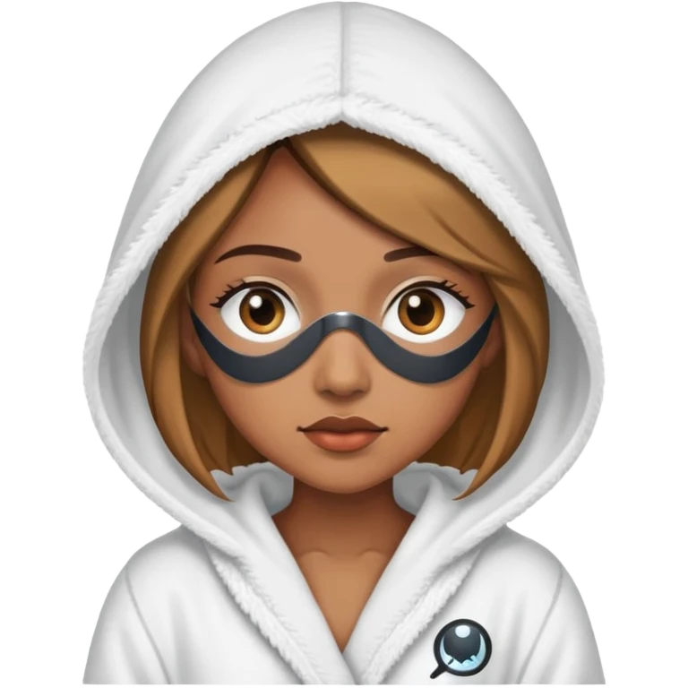 Light brown skin woman wearing hooded bath robe with eye patches on emoji