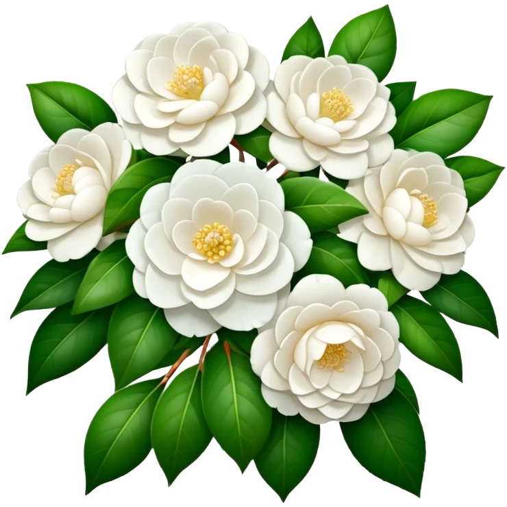 big bouquet White Camellia Japonica, luxuriant, stem, leaf emoji