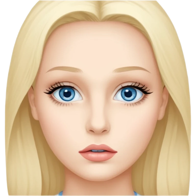 Bonnie Blue Porträt einer jungen Frau mit ovalem Gesicht, großen hellblauen Augen, langen Wimpern und geschwungenen Augenbrauen. Gerade, feine Nase und volle Lippen mit sichtbarem Lächeln. Glatte, leicht gebräunte Haut mit natürlichem Glow. Schulterlanges, blondes Haar mit Locken und Mittelscheitel emoji