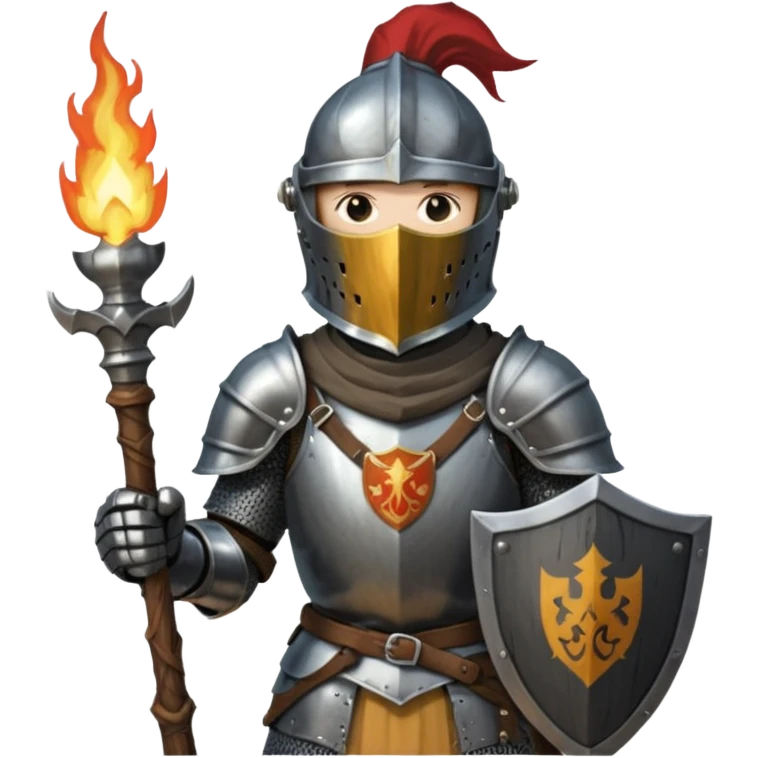 knight holding a short wooden torch in hand wearing darker, realistic iron armor, and a closed slitted helmet in dark souls style emoji