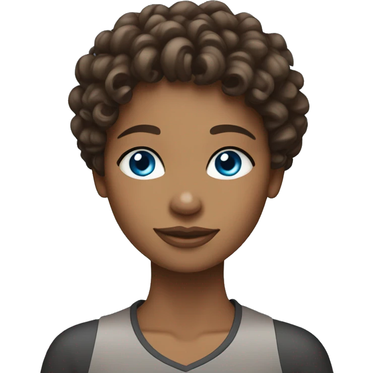 Curly brunette with blue eyes and a Yorkie emoji