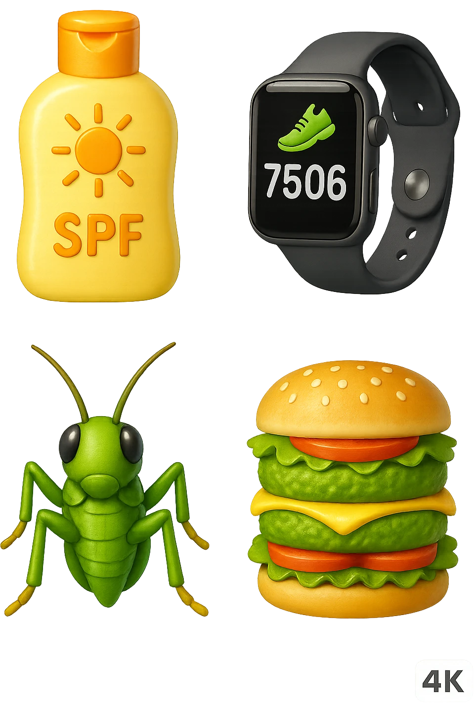 emoji stile iphone di una boccetta di CREMA SOLARE, UNO SMARTWATCH CONTAPASSI, UN GRILLO, UNA TORRETTA DI HAMBURGER FATTI CON I PISELLI, IPERREALISTICO 4K emoji