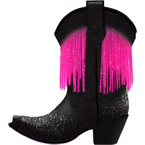 Realistic short neon pink to black ombre fashion cowgirl boot with sparkly shiny glitter fringe on them. emoji