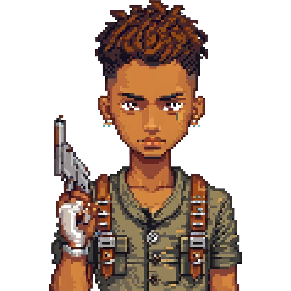 brown-skinned boy with low taper fade, coily hair, septum piercing, two eyebrow slits on left eyebrow, long nose bridge, button nose, holding a gun, serious face, pixel art style emoji