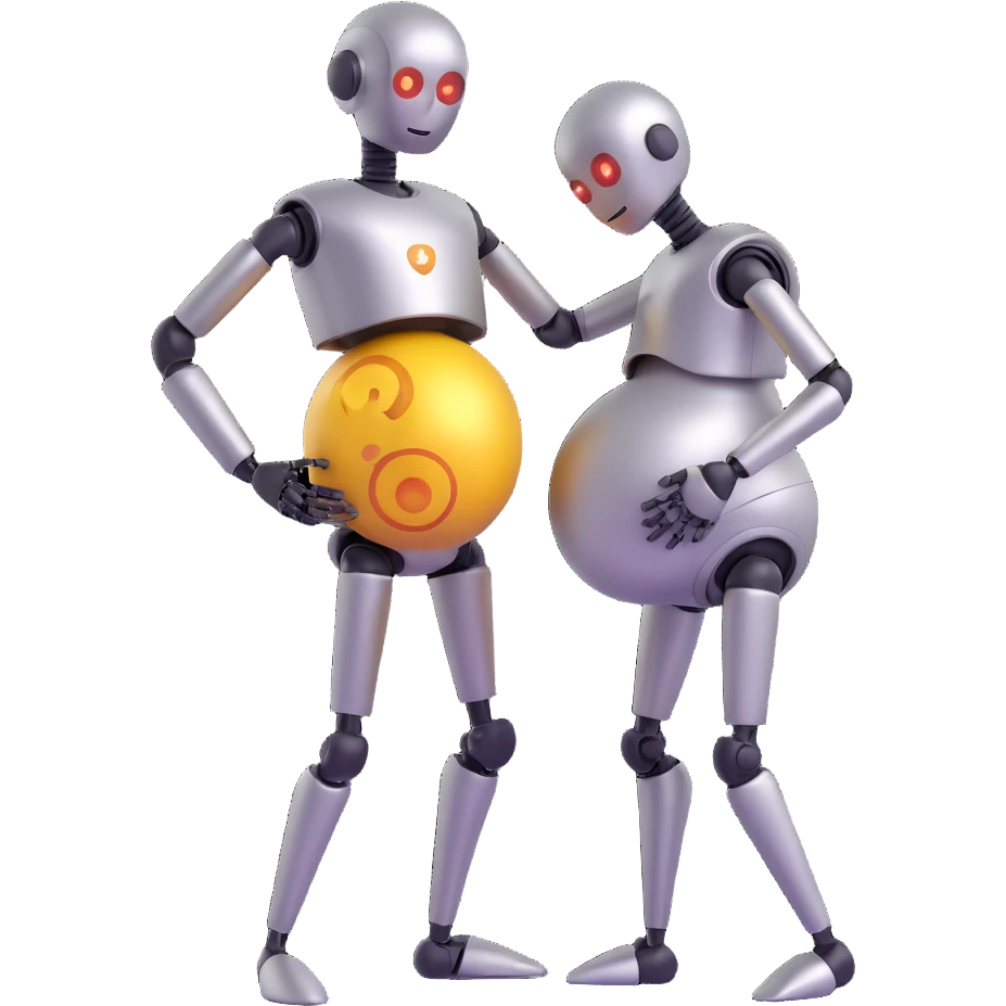 robot in the pose of the pregnant man emoji, metallic body, holding its belly, simple background, emoji style emoji