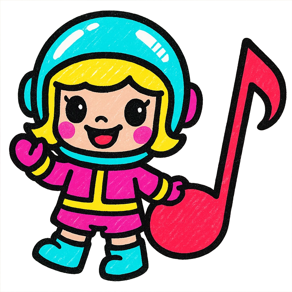 Popmart Space Molly as a Rednote emoji, chibi doll proportions, red musical note accent, glossy helmet, cheerful expression, cartoon style emoji