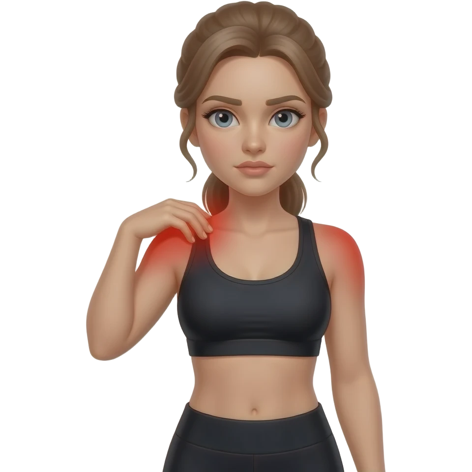 shoulder pain, full red glow covering both shoulders and upper shoulder area, woman holding one shoulder, fair-skinned woman, gray-blue eyes, ash brown brows, ash light brown hair tied back, slim athletic body, black workout set emoji