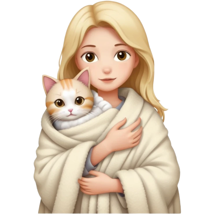 A girl wrapped in a blanket holding a cat emoji