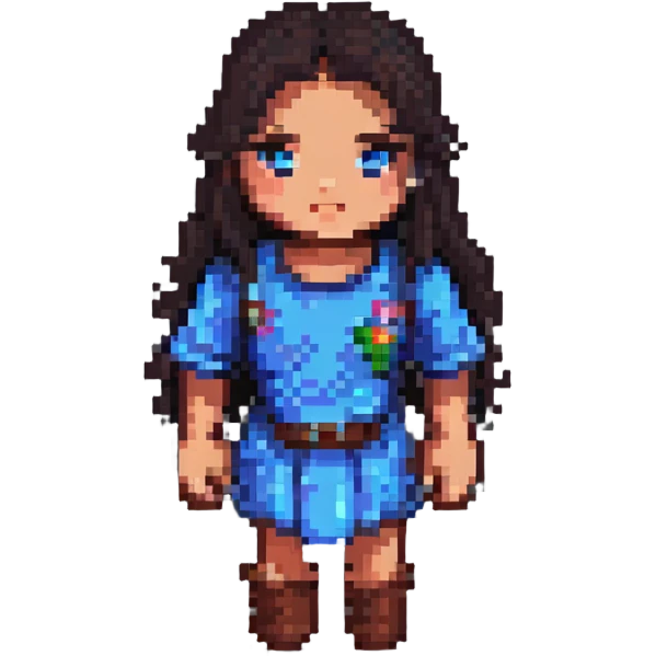young woman with dark hair and medium skin, pixel art style, 8-bit style, blocky pixels emoji
