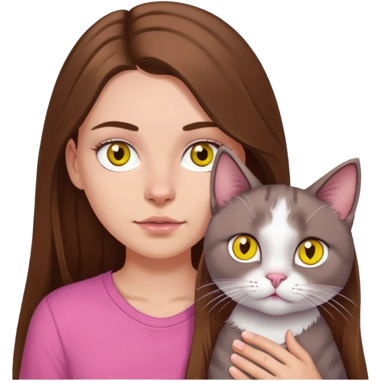 white girl with long brown hair and brown eyes with a septum piercing wearing a pink shirt holding a gray cat with yellow eyes  emoji