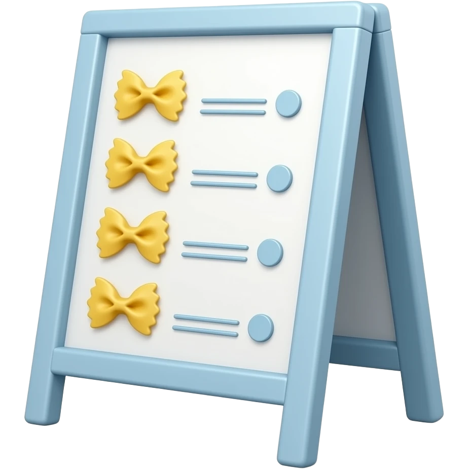soft blue yellow pasta standing menu board placed on the floor, transparent background inspired by barbie colour pallete emoji