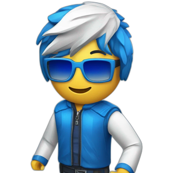 personaje de roblox, rubio con chaqueta azul y en la chaqueta azul manchas blancas, unas gafas de realidad virtual azules y alas de carton emoji