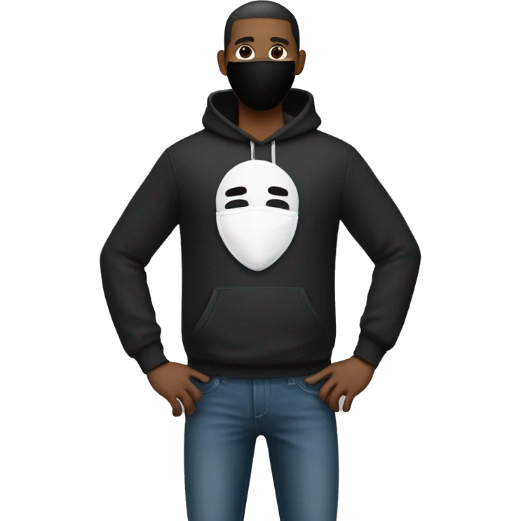 a man with tight stacked jeans that has a white tag sticking out and wearing a black hoodie with a face mask  emoji