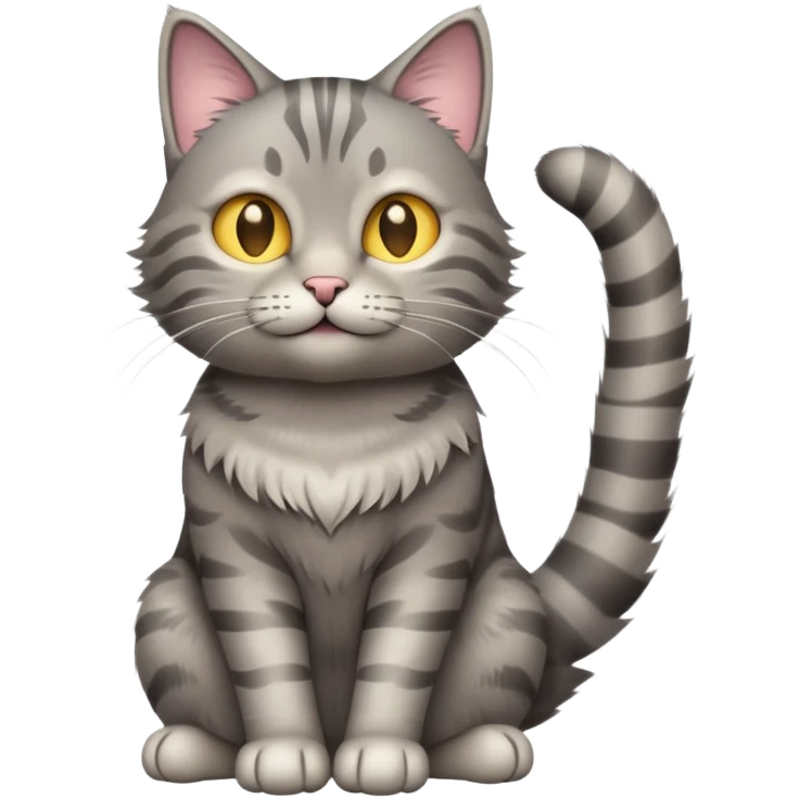 cinematic-[grey tabby cat]-realistic-full-body-sitting-emoji,-tail-curled-playfully-around-its-paws,-head-tilted-dramatically,-scruffy-[grey]-fur,-simplified-yet-realistic-focused-features,-highly-detailed,-glowing-with-an-almost-sarcastic-glow emoji