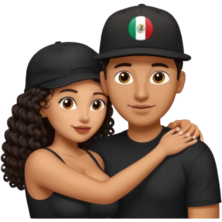 A picture of an embracing tanned couple. the man is a Mexican man with tanned skin, with a bald hair cut wearing a SnapBack hat and a black shirt. the woman wea, with long curly dark brown hair and with big boobs.  emoji