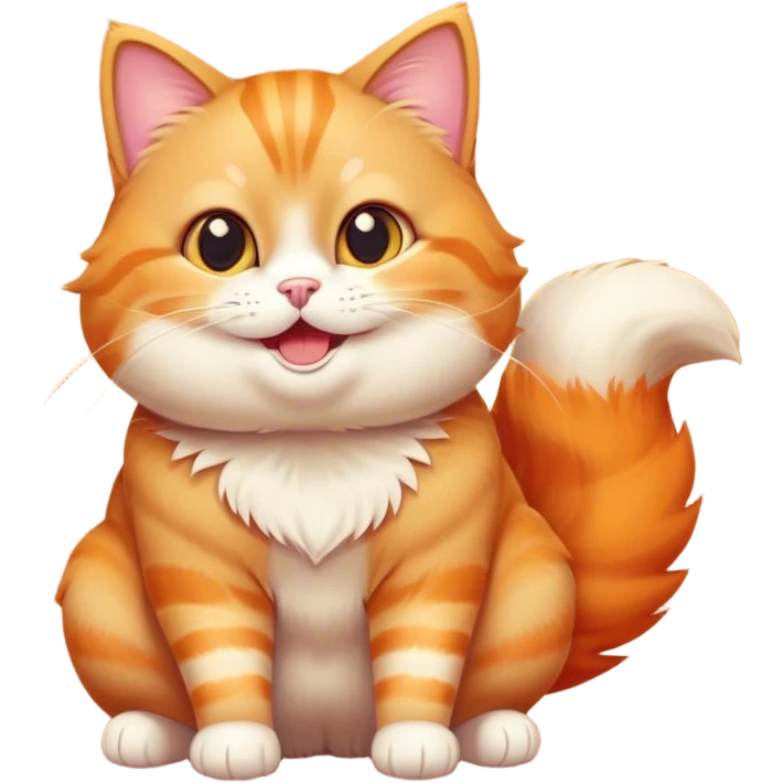 A playful, chubby orange tabby cat with big round eyes, a fluffy tail, and a mischievous grin, sitting upright with one paw slightly raised, surrounded by a warm, glowing aura. Simple, cartoonish style with bold outlines and vibrant colors. emoji