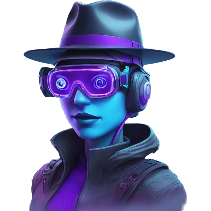 Secret human agent in a hat with  cyberpunk elements in Apple VR googles headset scanning looking reviewing multicolor lines of code, cyan and purple colors, only upper body portrait emoji