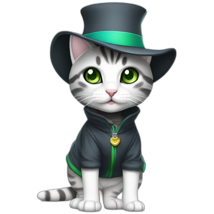 wearing a hat cuddly light white and grey domestic shorthair tabby with green and blue eyes black pupils, walking and playing wearing a cute costume female emoji