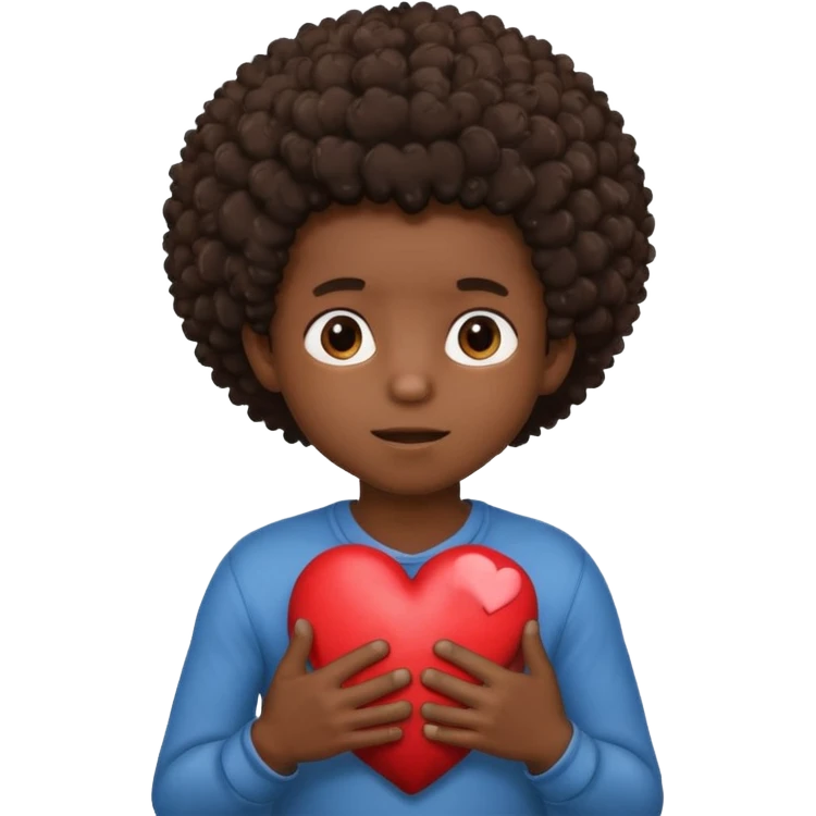 I want a black boy with chocolate skin and a small messy afro holding a heart close to his chest with his hands over the heart as if to present it to someone he loves. emoji