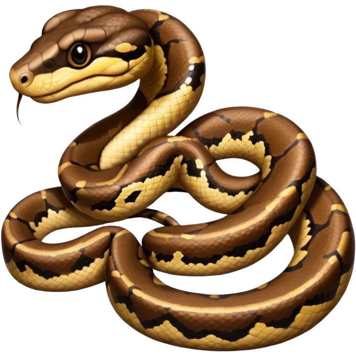 A photo-realistic top-down view of a Ball Python gently coiled into a tight spiral, with its head resting peacefully at the center. Its scales are warm brown with bold, irregular black markings, including the distinctive “alien-head” pattern, flowing smoothly along its body.  emoji