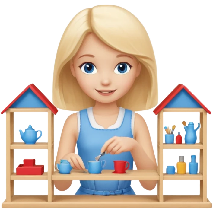 smiling girl arranging furniture in doll house emoji