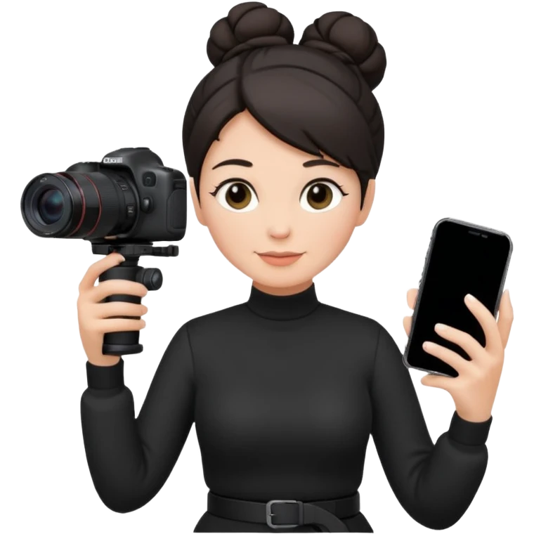 middle aged woman photographer with dark hair in a bun, wearing black clothes, carrying a canon r5 and an iPhone on a gimbal emoji