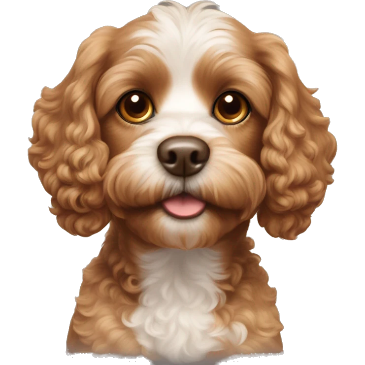 brown cavapoo with white spot around the nose (not on the top of the head) and on the chest, with brown eyes. Frontal look emoji