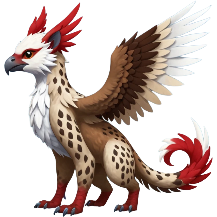 Winged hyper-realistic Feral Rare realistic edgy brown, white, red pretty beautiful handsome gorgeous aesthetic colorful vibrant Vernid-Trico-Silvally-Nargacuga-Gryphon-fusion-hybrid-species-Fakemon-creature by LiLaiRa, random markings, tufted ears, full body with snow-leopard-pattern-markings emoji