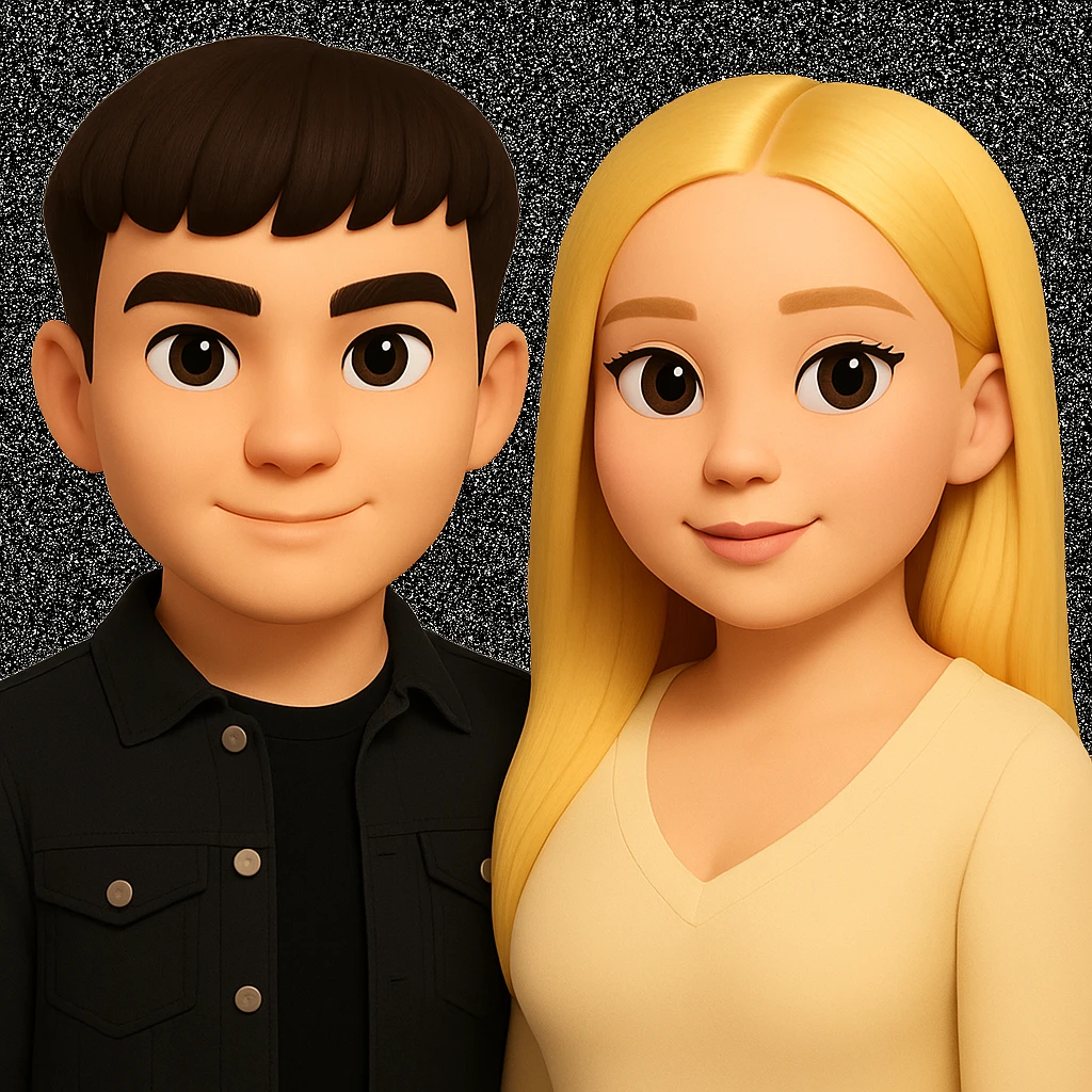 Slightly increase the volume of the upper body of the girl, slightly turn her to face forward, and make the skin color uniform. Maintain the cartoonish 3D style as in the reference image. emoji