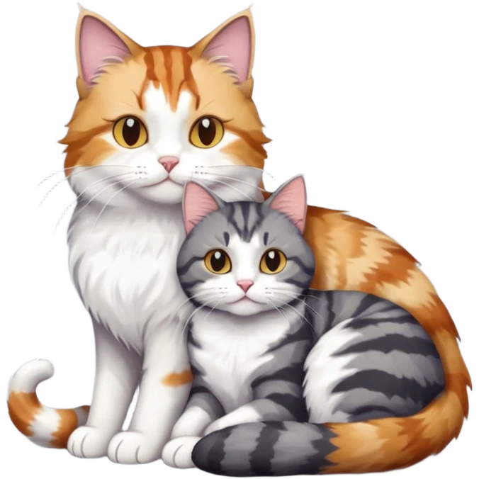 full body colourful light patched calico + white tabby cat cuddling a large dark grey and white tabby cat  emoji